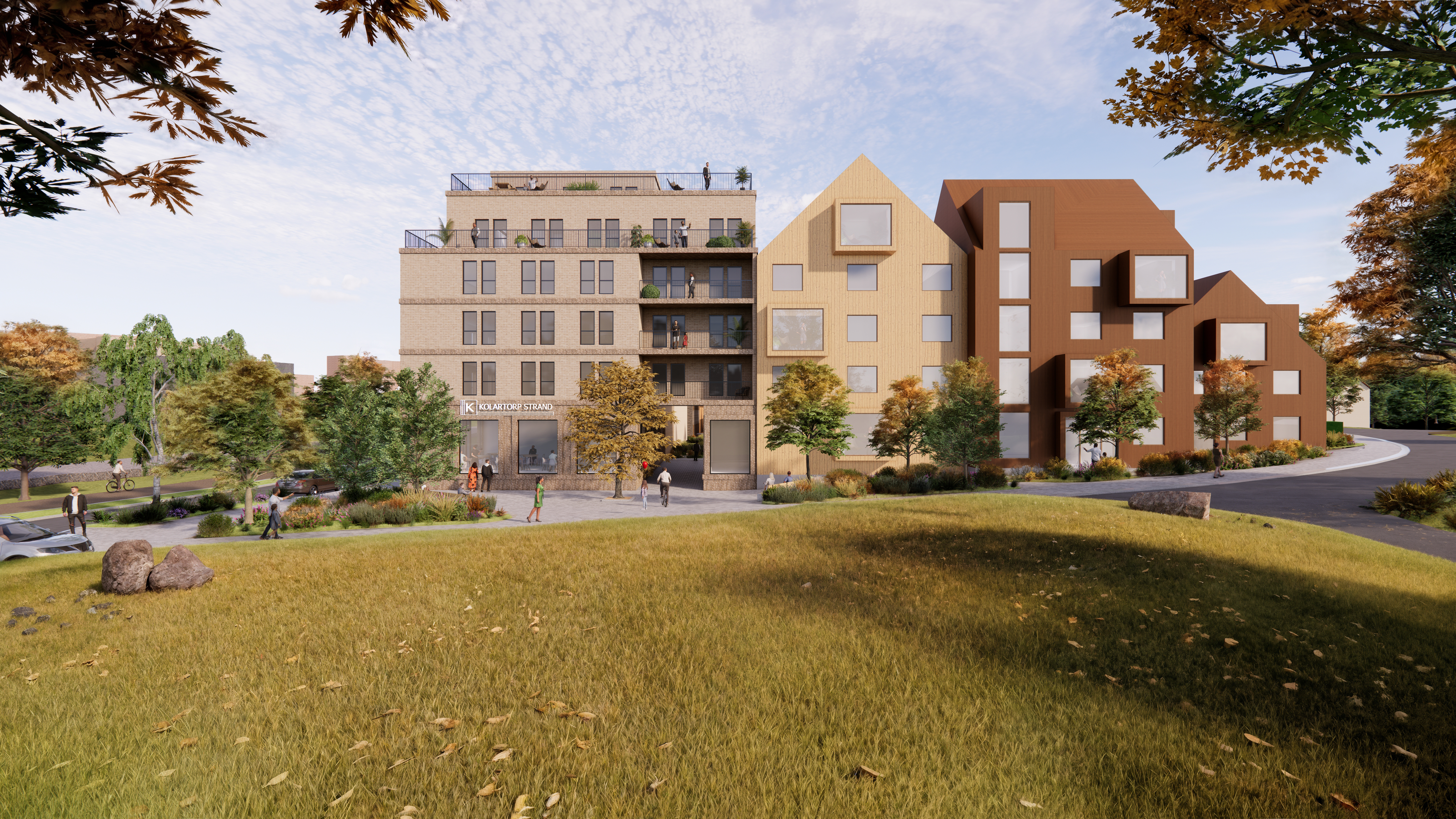 Visionsbild som visar radhus framför grönyta.