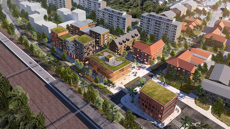 Visionsbild Södra kvarteren i fågelperspektiv sett från pendeltågsstationen i söder
