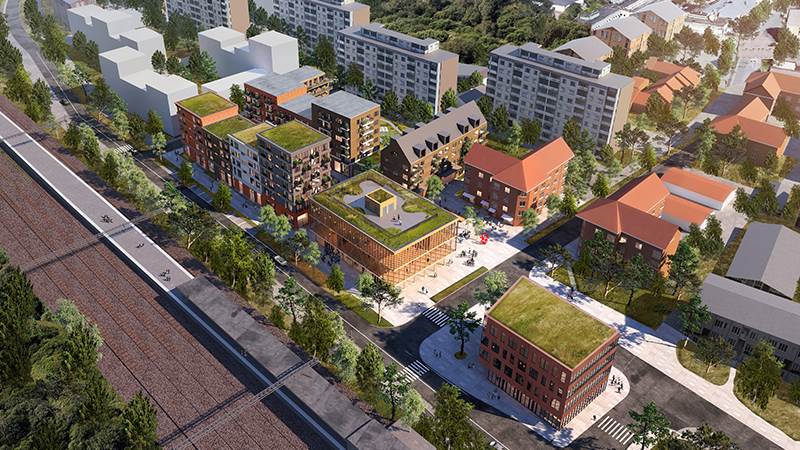 Visionsbild Södra kvarteren i fågelperspektiv sett från pendeltågsstationen i söder Visionsbild Södra kvarteren i fågelperspektiv sett från pendeltågsstationen i söder