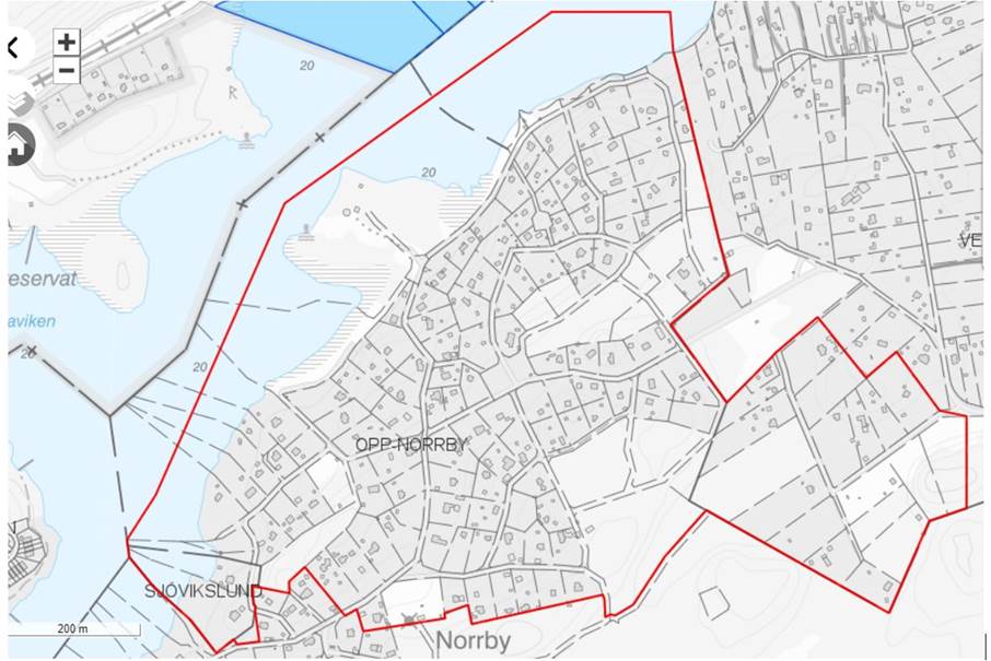 Norrby – föreslaget planområde för mitten-etappen. Kartbild som visar planområdet för Norrby mittenetappen.