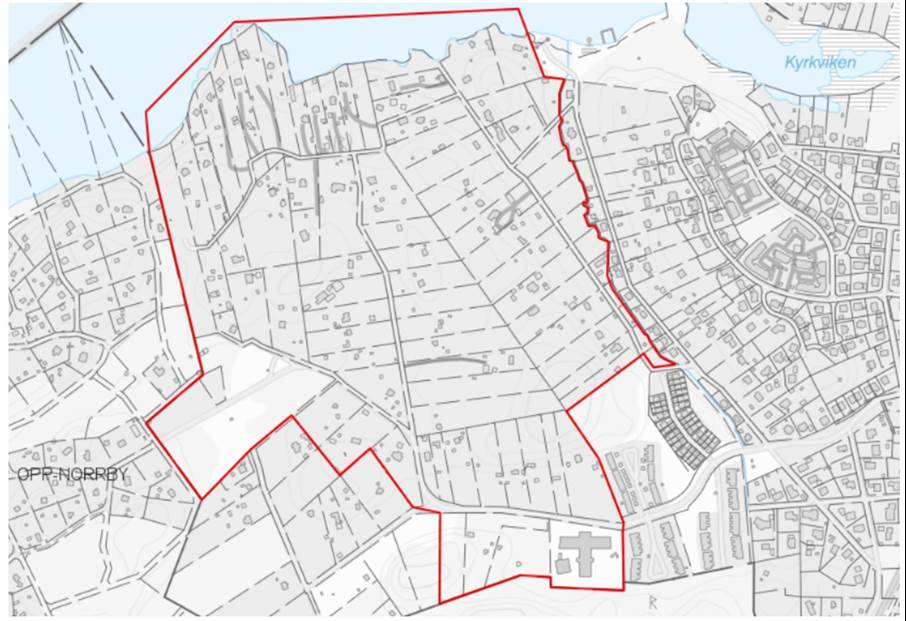 Norrby – föreslaget planområde för den norra etappen. Kartbild som visar planområdet.