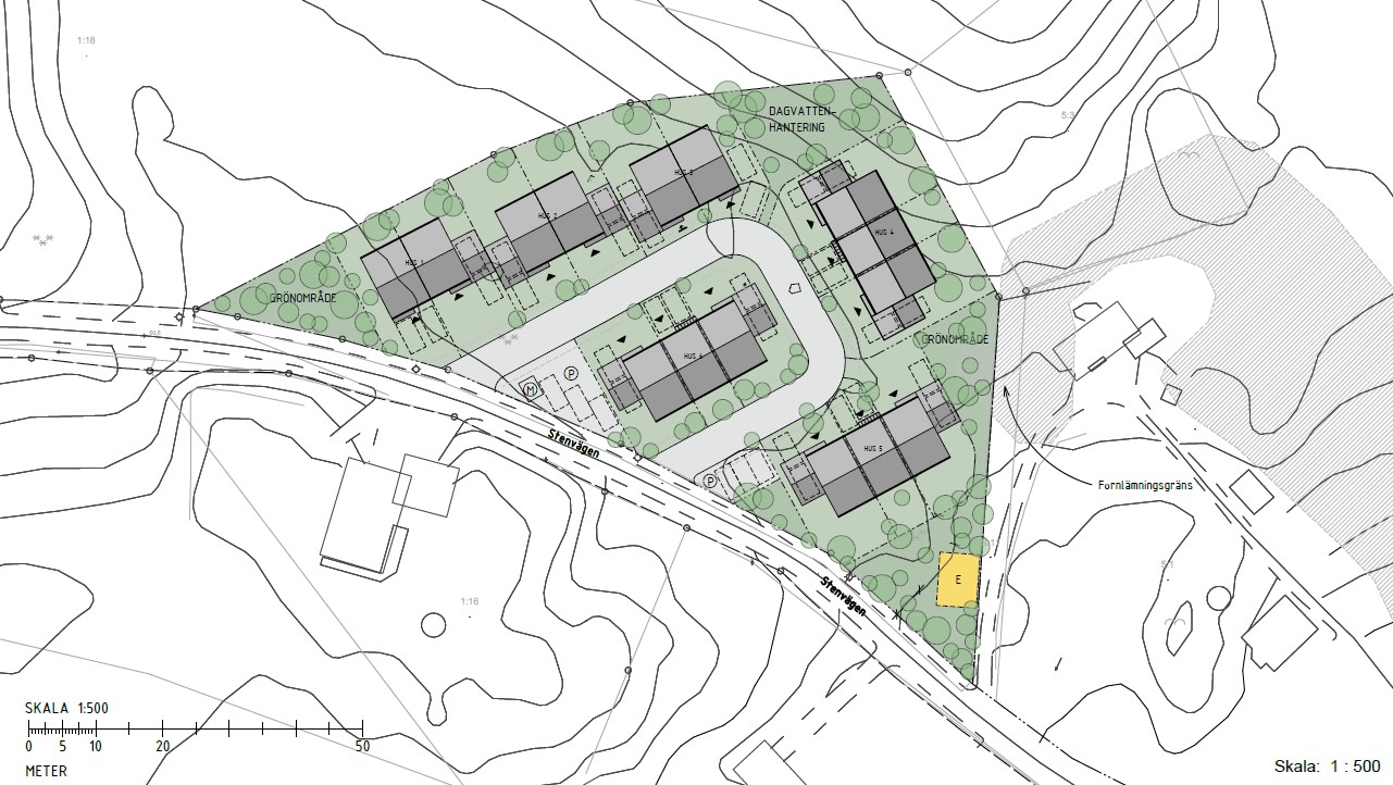 Illustrationsplan över Vreta 5:3. På bilden syns en illustration där byggnader och grönområden är utplacerade.