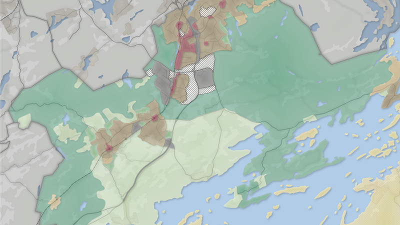 Karta som visar hur mark och vatten inom kommunens geografiska område ska användas i förslaget till ny översiktsplan.  Karta som visar hur mark och vatten inom kommunens geografiska område ska användas i förslaget till ny översiktsplan.