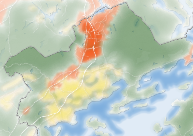 Karta som visar utvecklingsinriktningen för hur Haninge kommun kan växa i förslaget till ny översiktsplan Karta som visar utvecklingsinriktningen för hur Haninge kommun kan växa i förslaget till ny översiktsplan