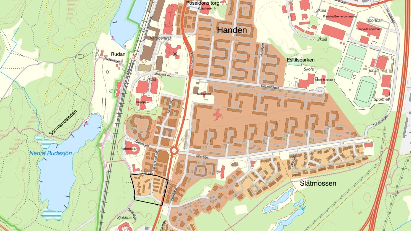 Karta över Handen där området för Iris v'äg är utmarkerat.