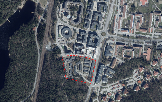 Fotografi över Handen med planområdet för IIris väg utmarkerat.