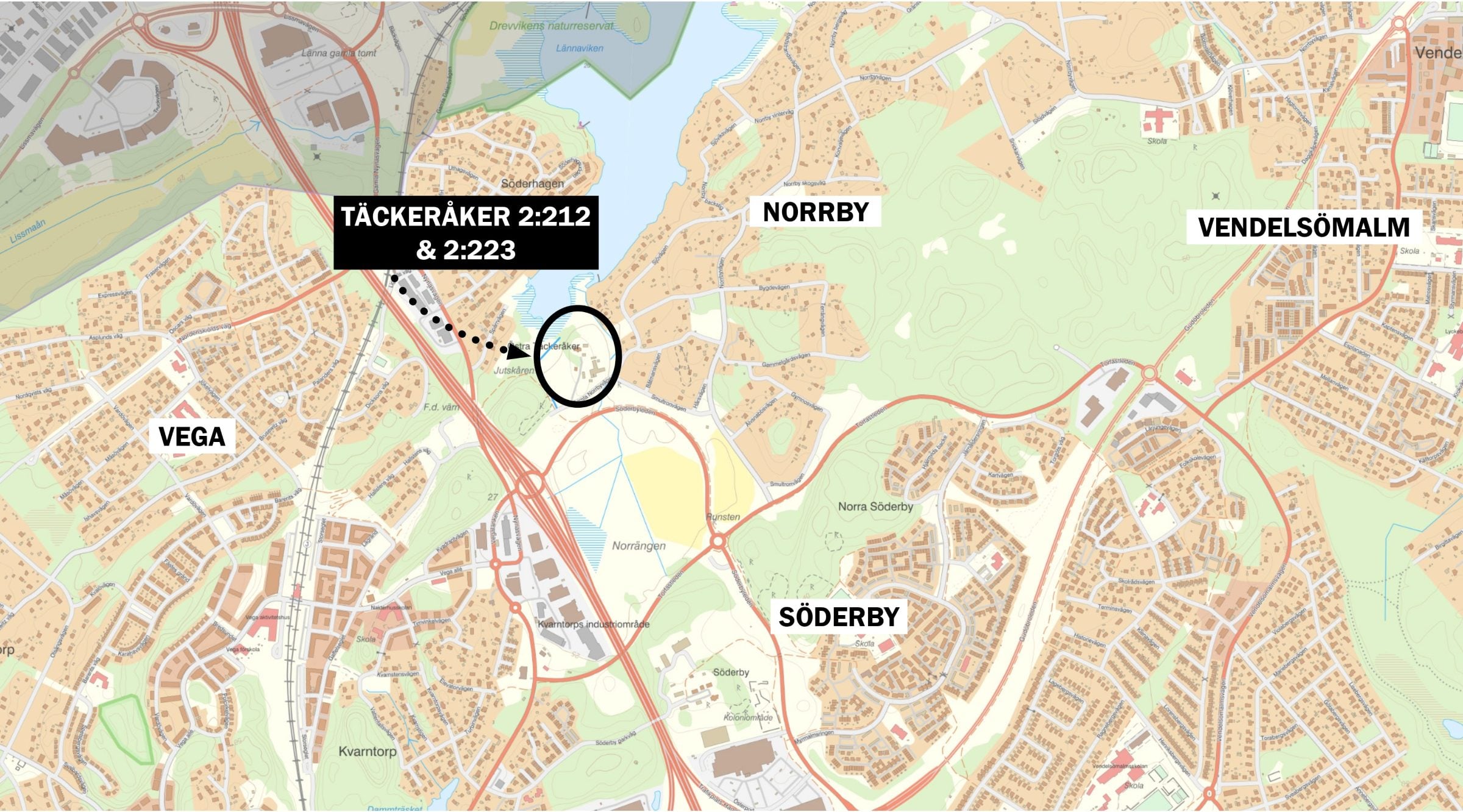 Kartbild där aktuellt område är inringat, strax söder om Drevviken. 