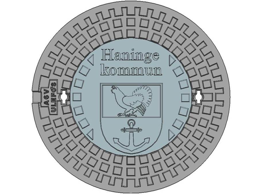 Ett brunnslock med Haninge kommuns logotype