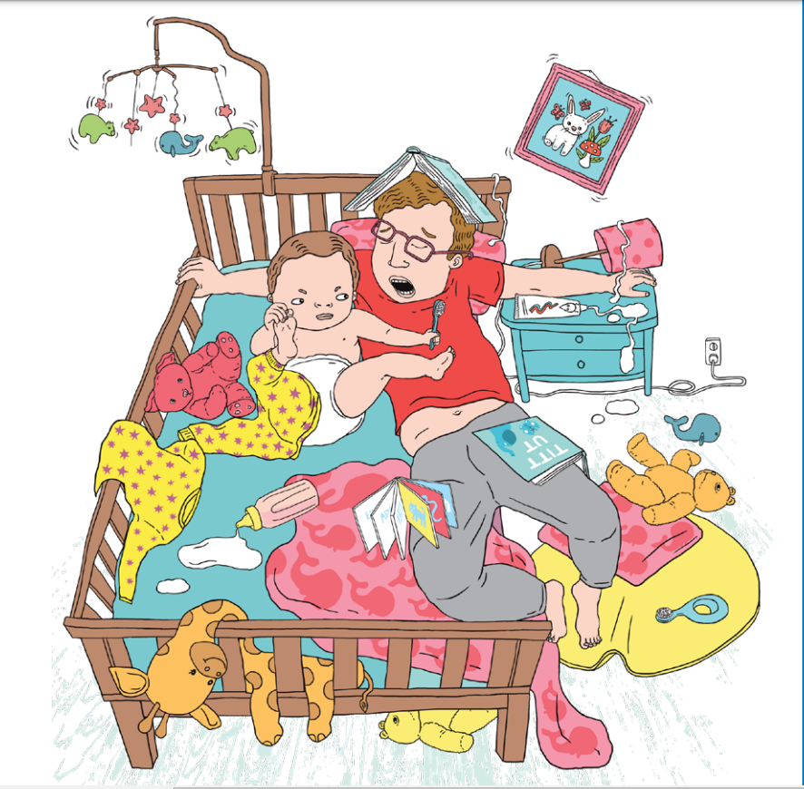 Trött pappa nattar barn