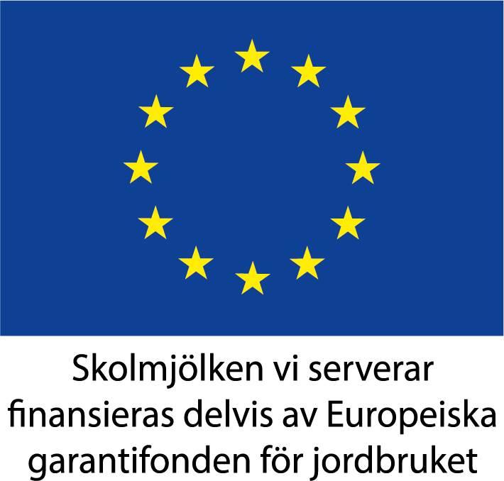 EU-logotyp. Skolmjölken vi serverar finansieras delvis av Europeiska garantifonden för jordbruket