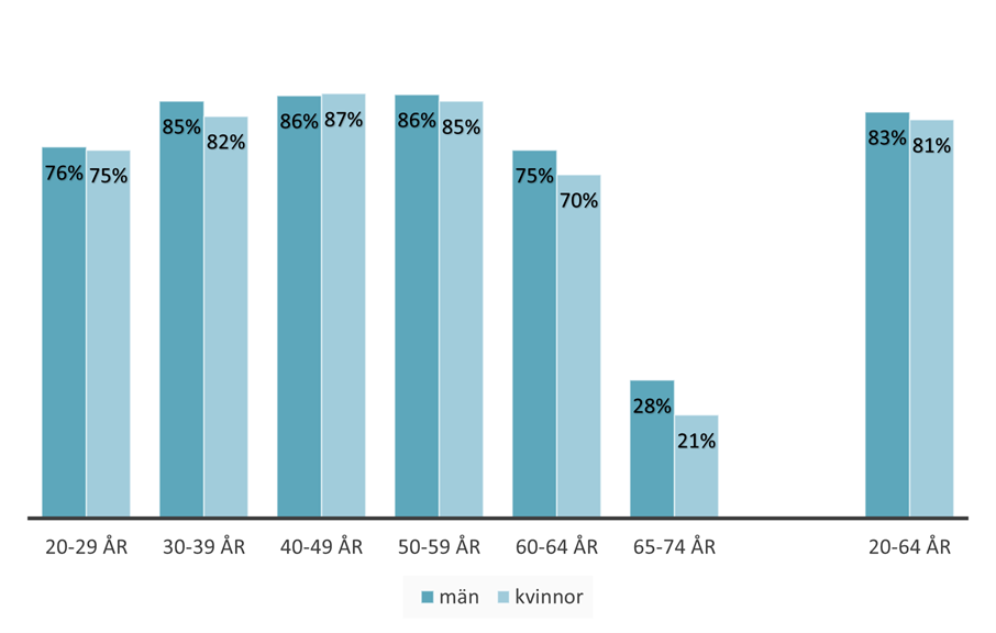 Diagram över sysselsättningsgrad fördelat på kön och ålder.