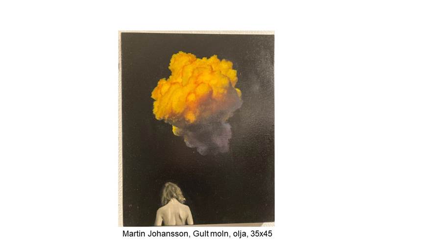 Martin Johansson, gult moln olja. och en person med ryggen mot betraktaren.