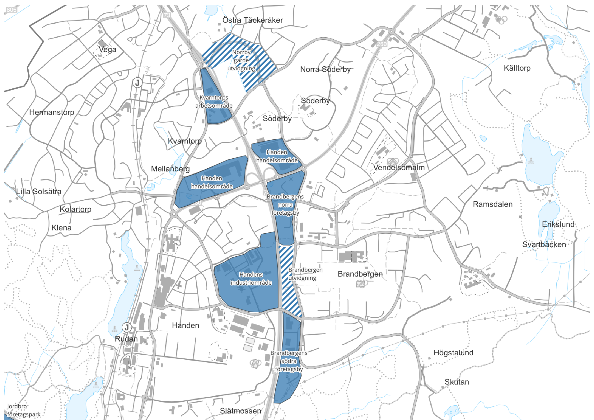 Karta med verksamhetsområden utsatta inom Handen.