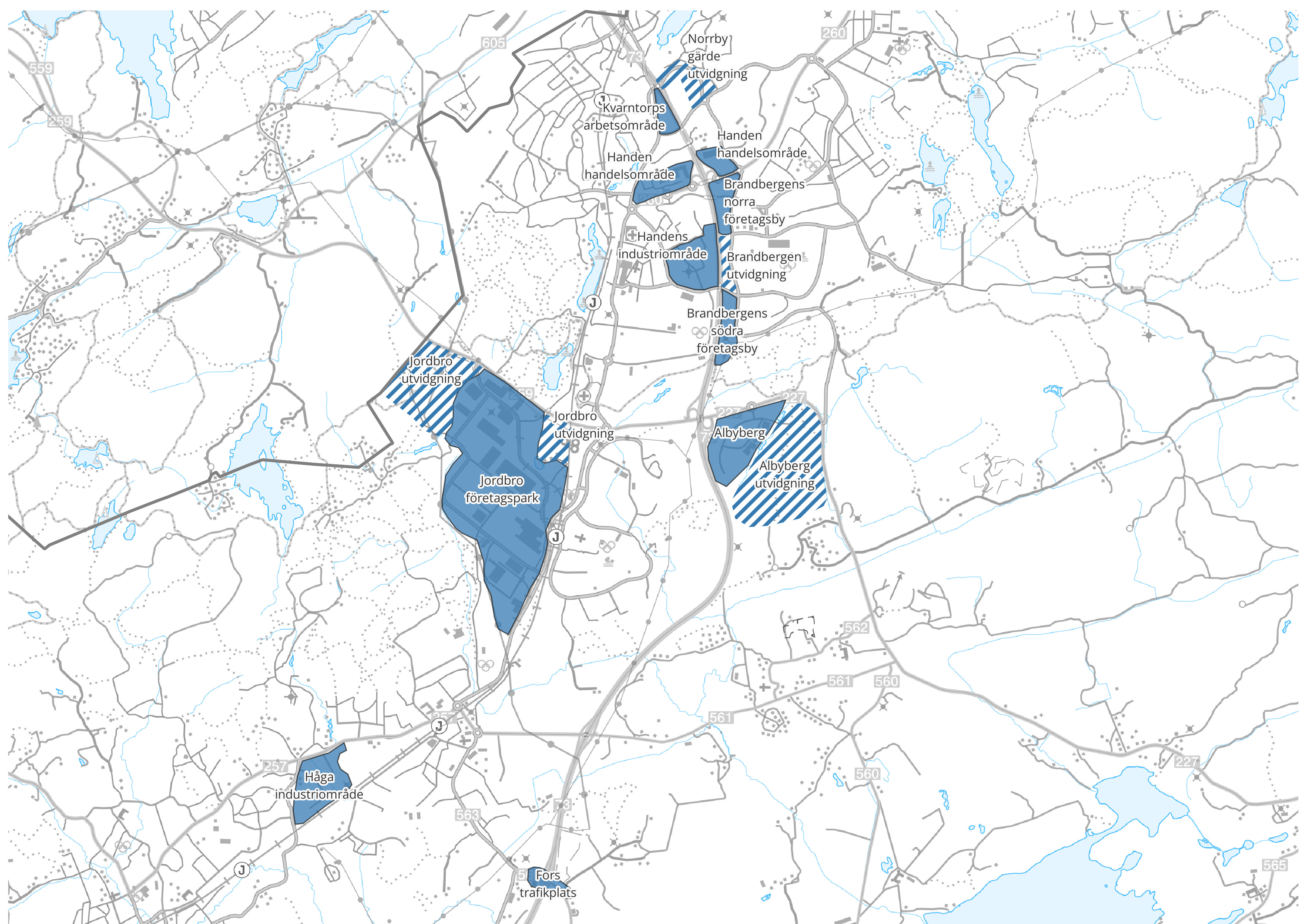 Verksamhetsområden utmärkt på karta