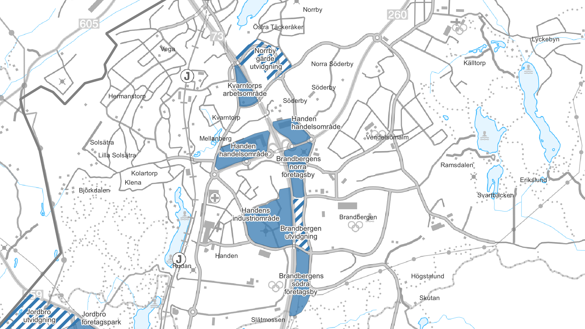 Karta över Handen med markerade verksamhetsområden