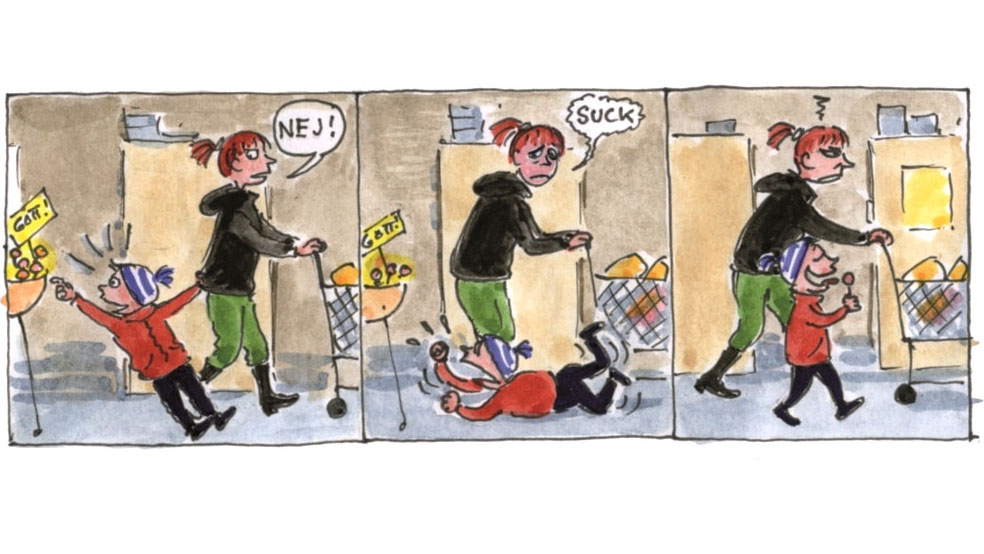 En seriestrip med en mamma och ett barn i en mataffär