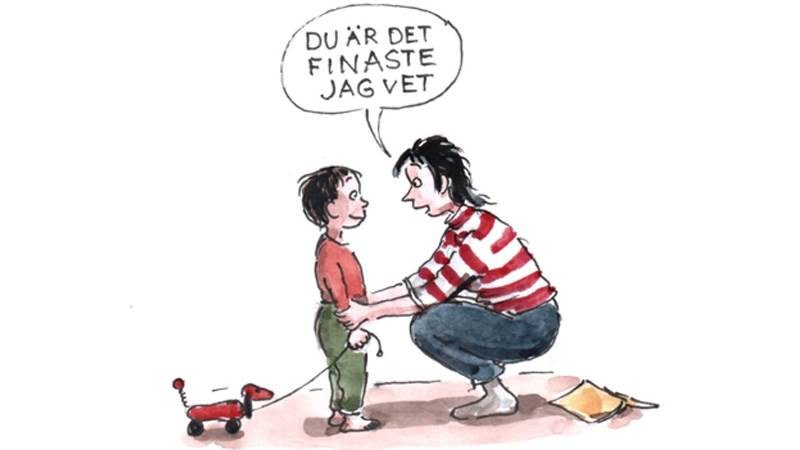 En illustration med ett barn och en mamma som sitter på huk framför barnet och säger i en pratbubbla: Du är det finaste jag vet.