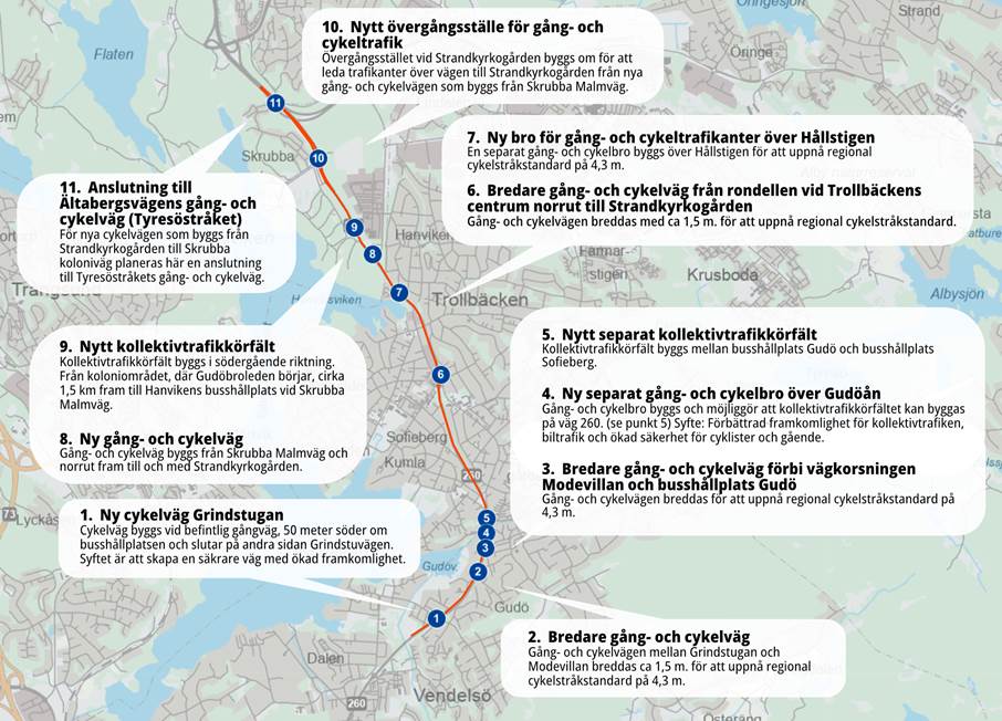 Karta över planerade åtgärder på Gudöbroleden. Karta över planerade åtgärder på Gudöbroleden.