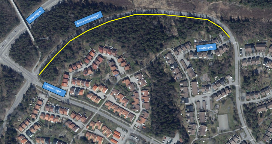 Ny gång- och cykelbana byggs längs Södra Jordbrovägen Karta som visar ut sträcka längs Södra Jordbrovägen för ny gång- och cykelbana