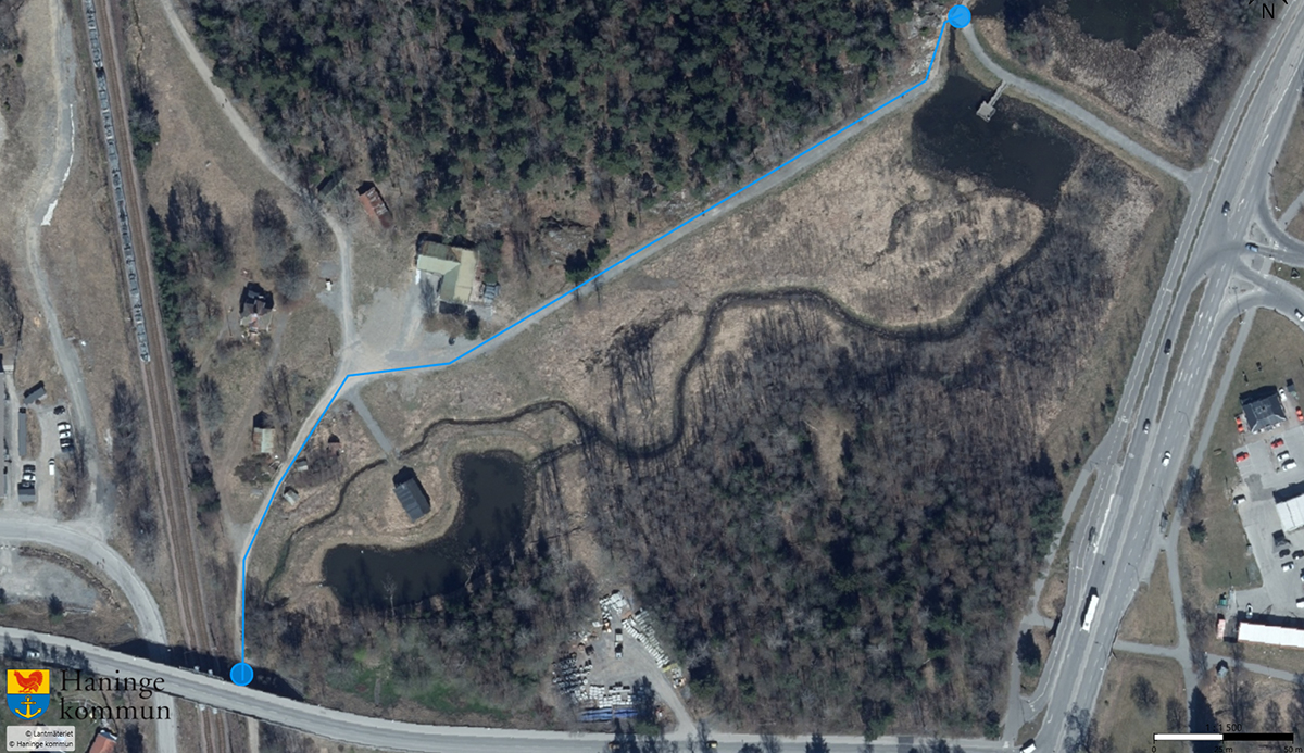 Kartbild som visar ut punkter för start och mål för invigningspromenaden av Vegastråket