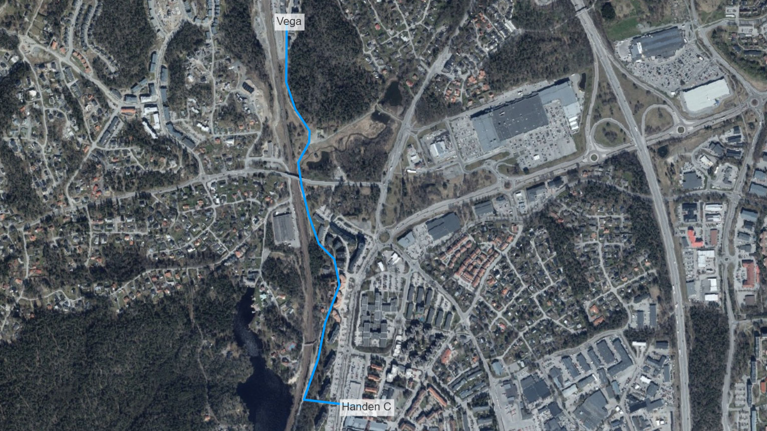 Kartbild som visar sträckingen för gång- och cykelstråket mellan Handen och Vega