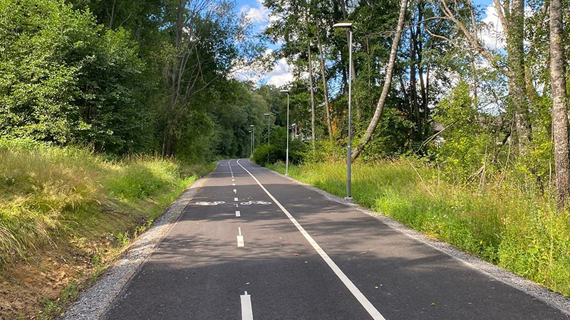 Separerad gång- och cykelbana i ett skogsområde