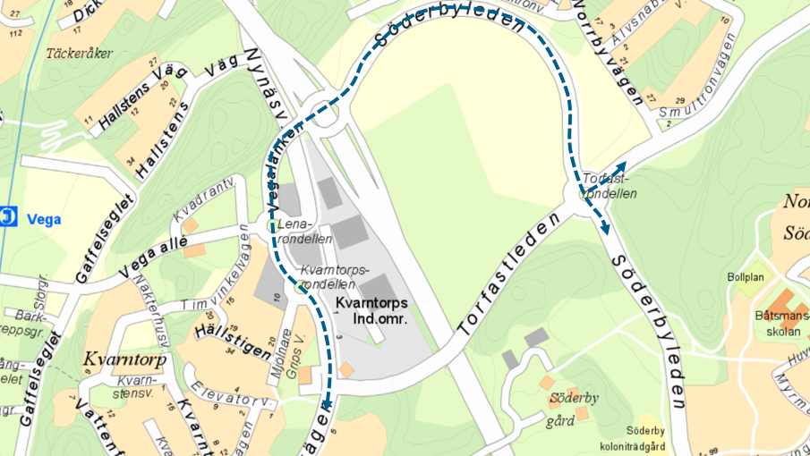 Alternativ väg om trafiken behöver ledas om under vägarbetet på Torfastleden Torfastleden omläggning vägarbete