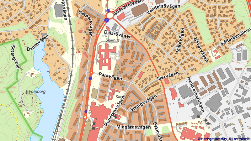 Karta som visar Nynäsvägen och de fartgupp som ska byggas