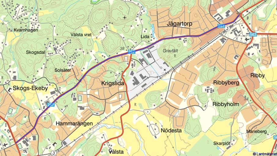 Karta som visar väg 257, Tungelstavägen.