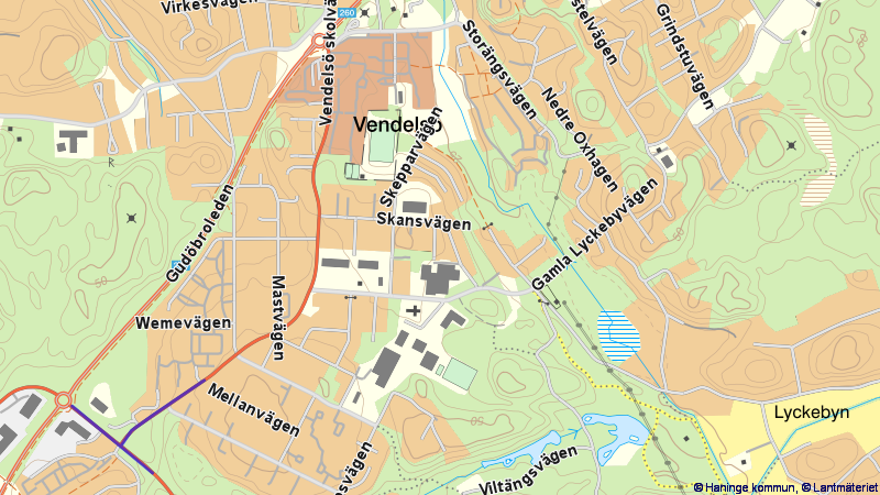 Karta som visar vart arbeten kommer pågå på Vendelsö skolväg. Etapp 1.