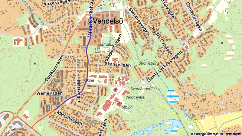Karta som visar var på Vendelsö skolväg det kommer att byggas åtgärder. Etapp 2.