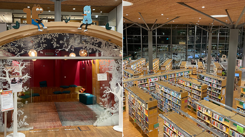 En bild på ett sagohus med mysiga sittplatser, och en bild på ett bibliotek med många bokhyllor.