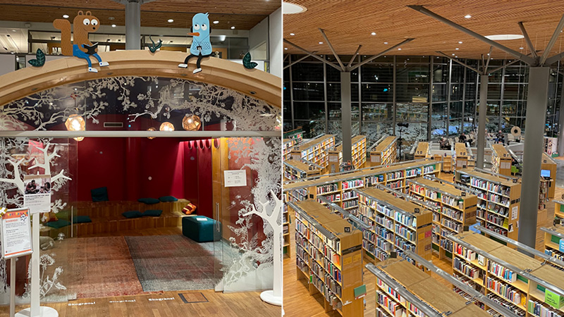 Biblioteket i Handen med sin höga takhöjd och det mysiga sagohuset. En bild på ett sagohus med mysiga sittplatser, och en bild på ett bibliotek med många bokhyllor.