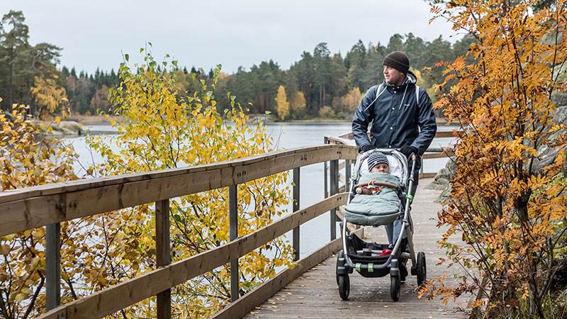 Maxingeslingan vid Rudans friluftsområde. Man med barnvagn.