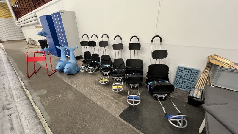 Bild på flera flera sitskates uppradade på isen i en ishall
