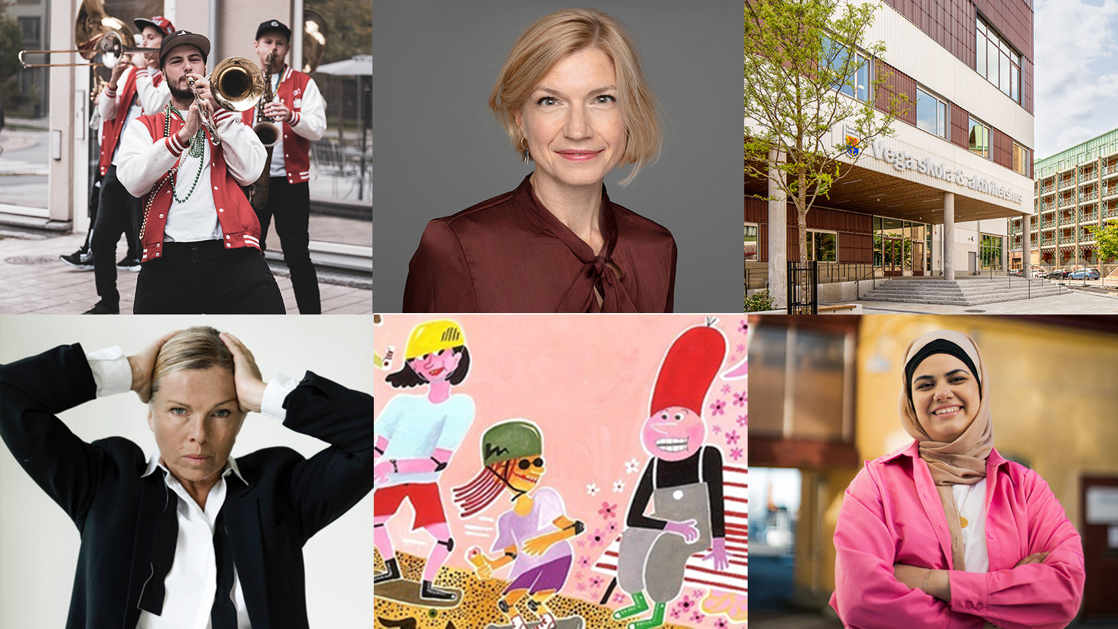 Kollage med Görel Crona, Cecilia Frode, Storstan Street Brass, Kut och Kio.
