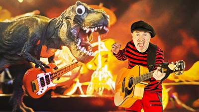 Pappa Kapsyl spelar gitarr tillsammans med en dinosaurie.