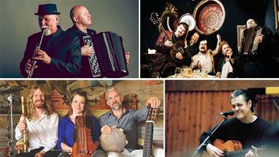 Bildcollage med fyra musikakter: kvintetten Jaakko Laitinen och Väärä Raha, Duo Alan med klezmertema, den svenska trion ODE samt Jojje Wadenius.