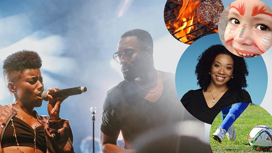 Musik, underhållning och aktiviteter för hela familjen på Jordbrofestivalen. Fri entré! Blacknuss, Olivia Merenius, flicka med ansiktsmålning och barn som spelar fotboll.