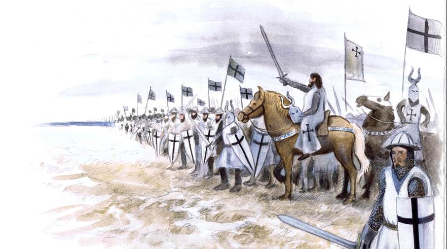 Teckning som föreställer en rad med hästar och soldater med vapen.