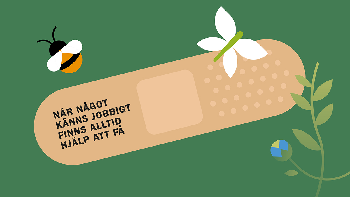Illustration av ett plåster med texten ”När något känns jobbigt finns alltid hjälp att få”, omgiven av blomma, blad och ett bi på grön bakgrund.