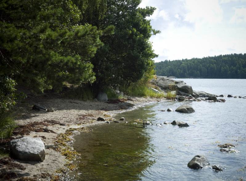 Gålö. En sandstrand vid vatten.